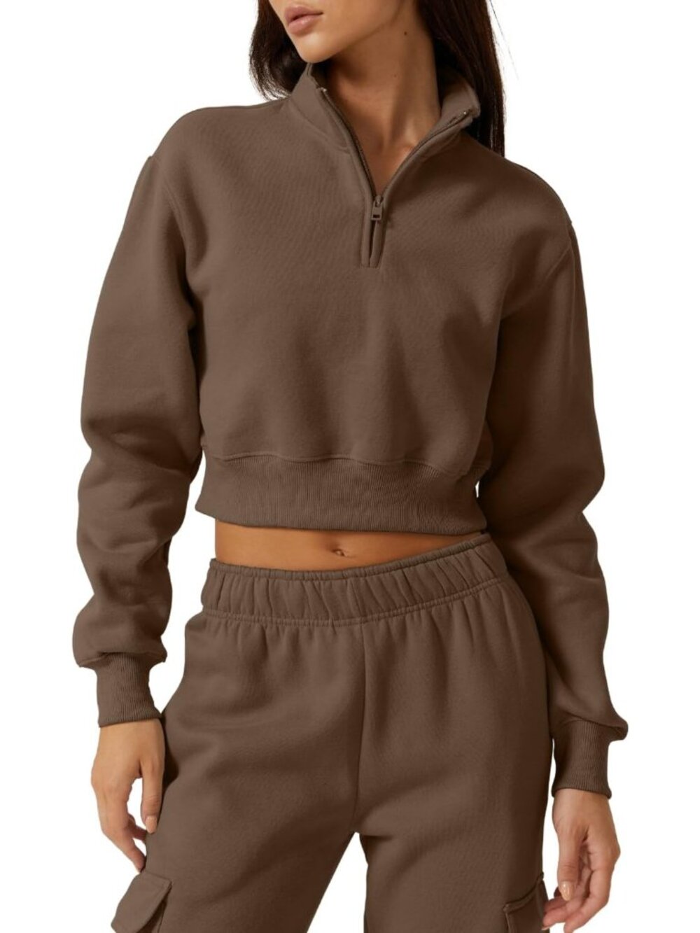 Women’s Chestnut High Neck Long Sleeve Cropped Half Zip Top Sweatshirt
